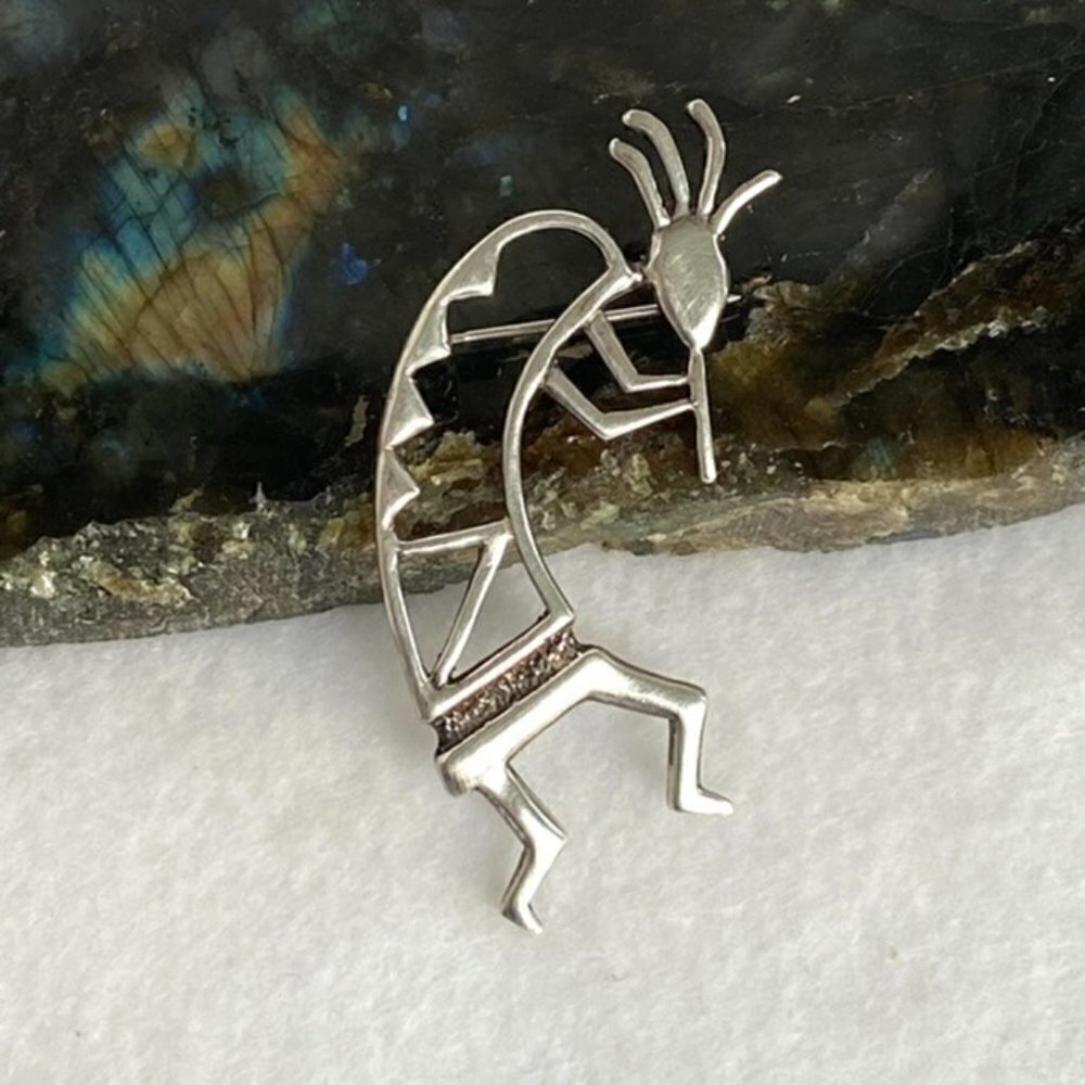 VTG Sterling Silver 925 2.5" Southwest Kokopelli Flute Playing Brooch 9.95g